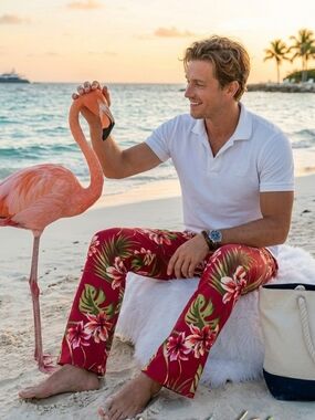 Men's Summer Jeans Floral Tropical Print Golden Los Angeles Denim Pants